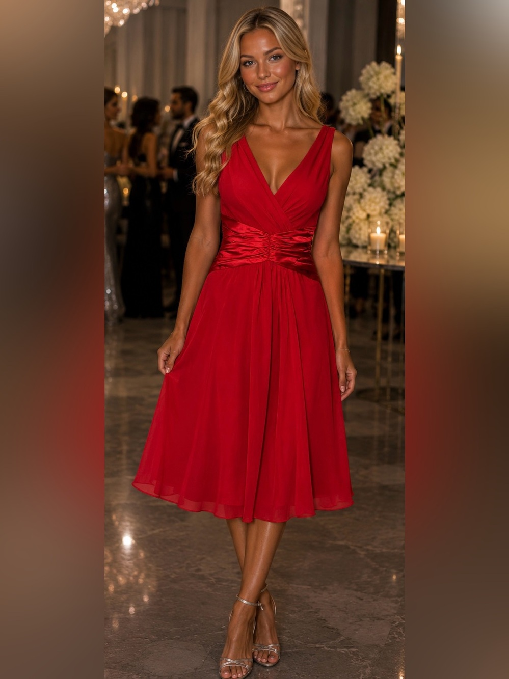 Chadwicks Red Chiffon Cocktail Dress Ruched Waist Formal Party XS 2 P Wedding